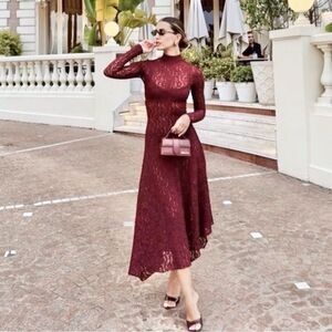 ZARA Burgundy Lace Asymmetrical Hem Midi Dress S NWT Boudoir Romantic Whimsy